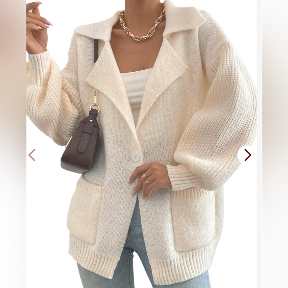 SHEWIN Beige Casual V Neck Long Sleeve Cardigan Sweater Size Medium